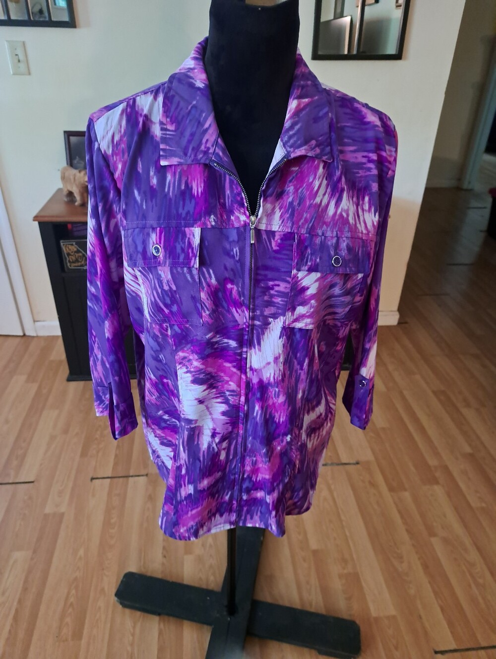Size 12 Southern Lady Front Zip Pink Purple Shirt Top Blouse Jacket Blazer